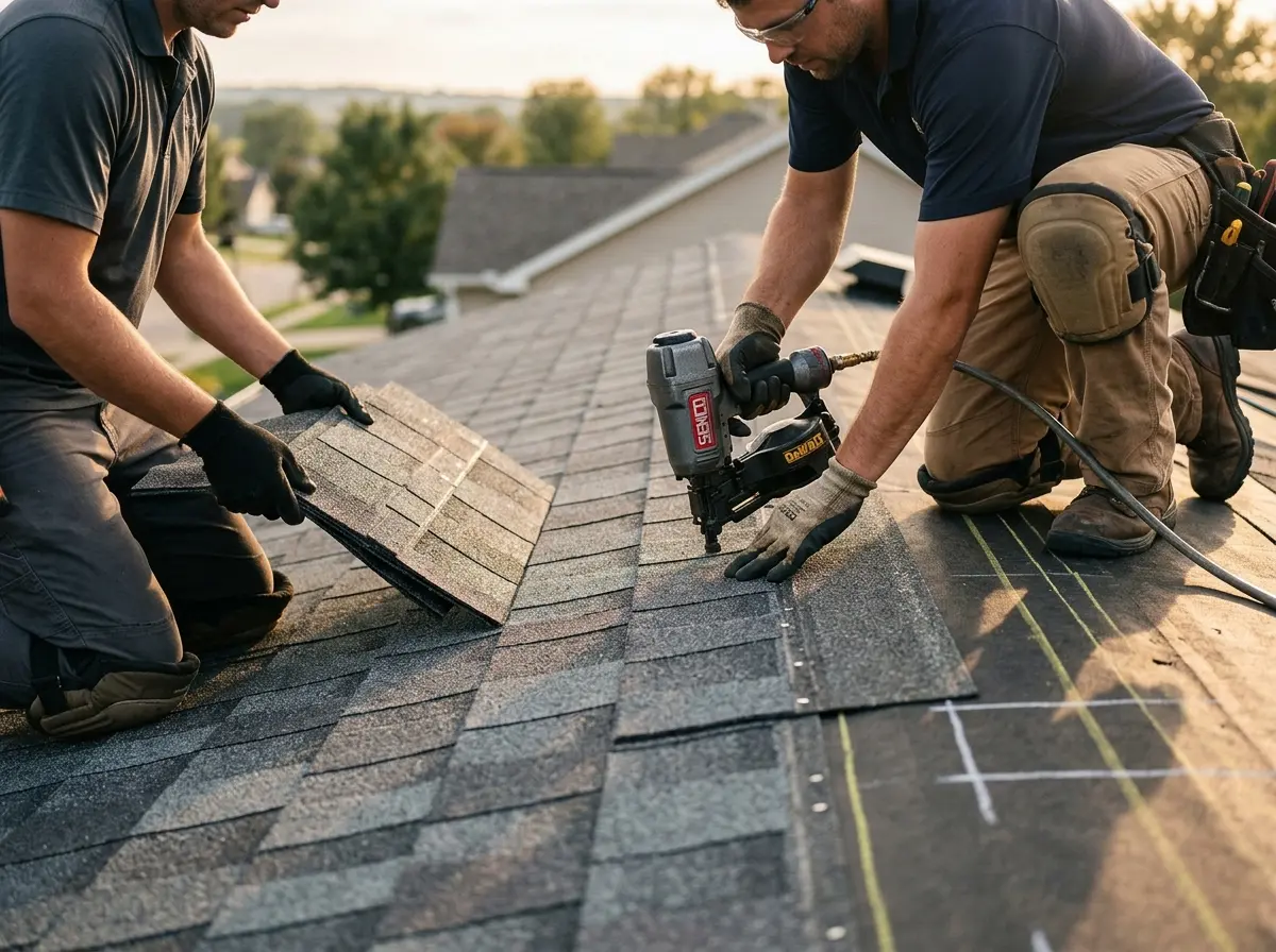 Professional roofer working on a residential roof in Folsom